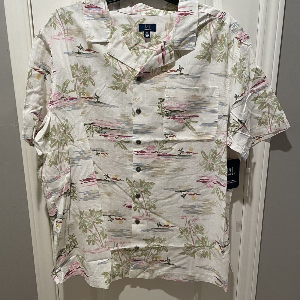 George Men’s Hawaiian Camp Shirt 3XL Beach Scene Short Sleeve NEW